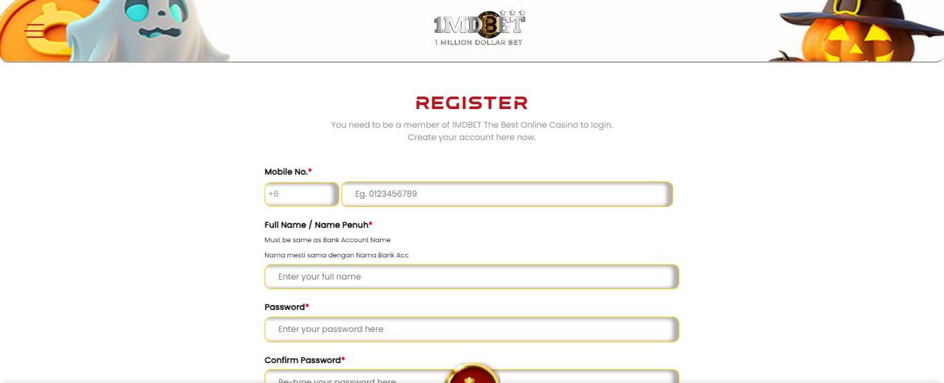 1MDBET registration page